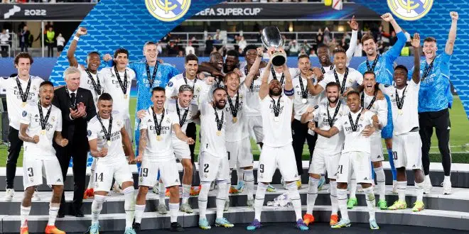 Real Madrid players celebrate the European Super Cup (official account)
